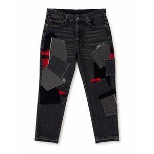 Polo Ralph Lauren Patchwork Jeans Womens 31 Black Red Leather Raw Hem Denim